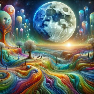 The primary subject of the image is a colorful landscape featuring a tree and a moon. The setting is a vibrant, colorful environment with a mix of trees, flowers, and other elements. The visual style is a digital art or illustration, creating a whimsical and imaginative atmosphere. The dominant colors are a mix of bright, warm hues, such as reds, oranges, and yellows, which contribute to the overall cheerful and lively mood of the scene.
